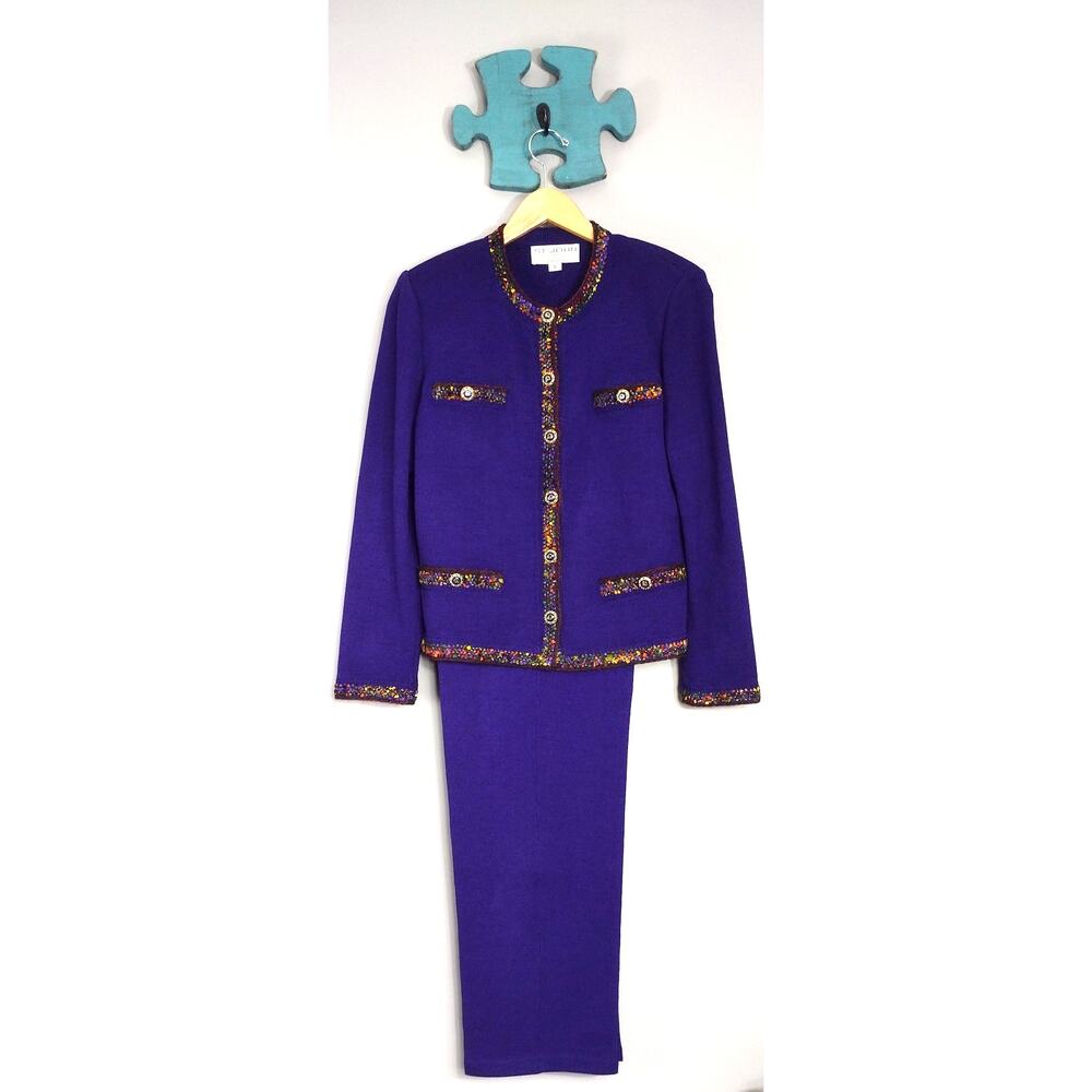 St. John Collection Purple Santana Knit 3 Piece Suit Set Jacket Skirt Pants